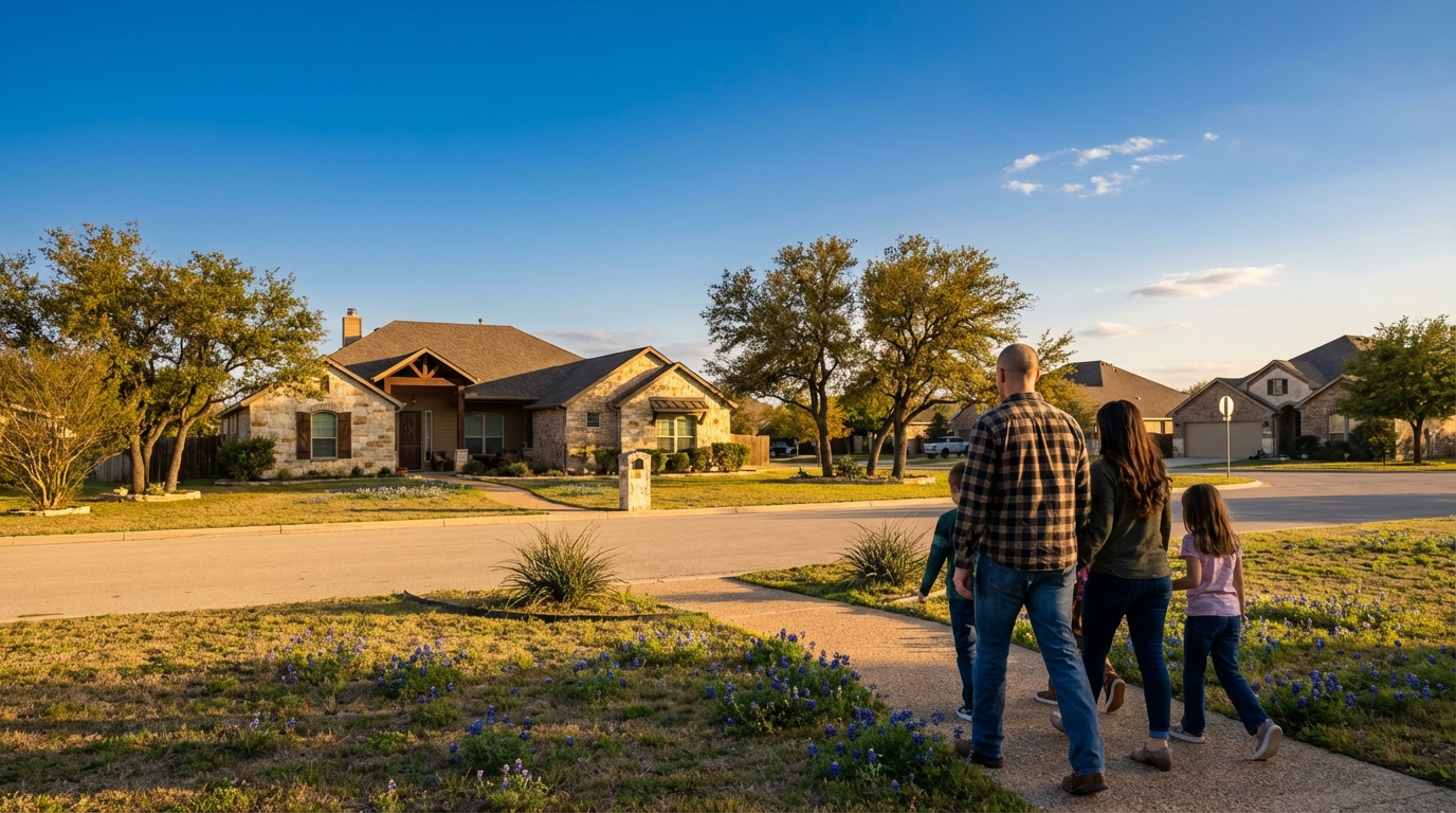 Military family in front of their new Texas home